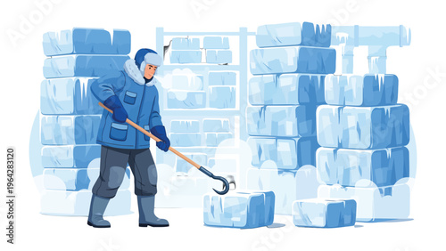 Crafting Ice: A worker meticulously tends to an icy landscape, carefully handling ice block. creating a scene of focused industry, resilience, and cold fortitude.