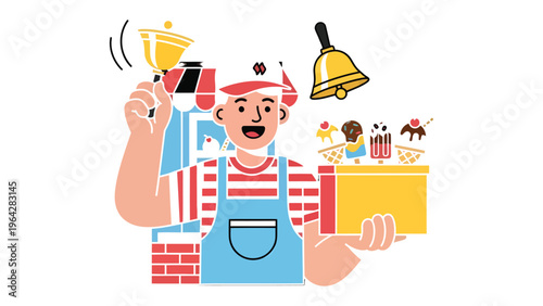 Ice Cream Shop Delight: An animated illustration of a friendly ice cream shop vendor cheerfully ringing a bell, surrounded by tempting treats and a vibrant shop facade.