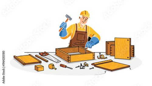 Crafting Carpenter's Creation: A skilled carpenter meticulously crafts a wooden box, his tools of the trade laid out before him, showcasing dedication and skill.