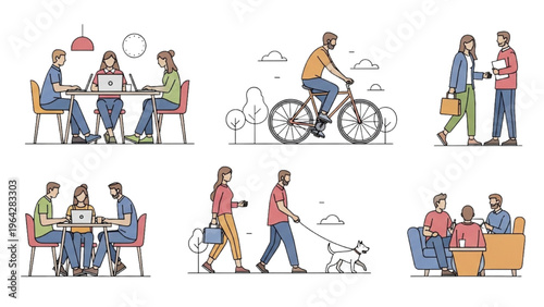 People in various settings with vector CAD design style illustrations