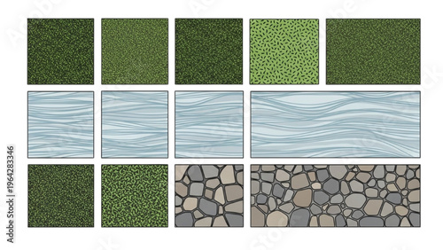 Vector CAD design style collage of grass, water, and stone textures