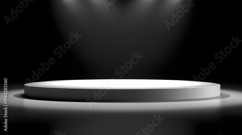 A brightly lit stage platform, ideal for awards ceremonies, presentations, or product launches, with dramatic spotlighting on a dark background