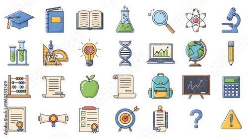 Educational icons in vector CAD design style illustrate learning tools