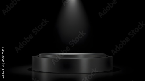 A dark, illuminated stage with a spotlight shining down on a circular podium, perfect for product launches or presentations