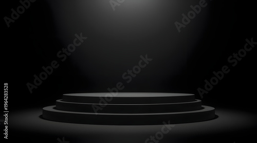Spotlight illuminates a dark empty stage with tiered platforms, perfect for presentations or performances