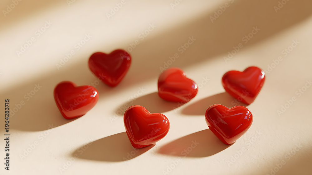 Obraz premium Vibrant red heart-shaped objects scattered on a neutral background, illuminated by natural light creating soft shadows and a warm ambiance