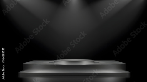 Empty metallic podium bathed in brilliant spotlights on a dark stage, creating an elegant and sophisticated backdrop for product presentations, virtual events, or award ceremonies