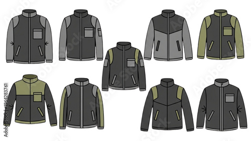 Vector CAD design style jackets in various colors and patterns