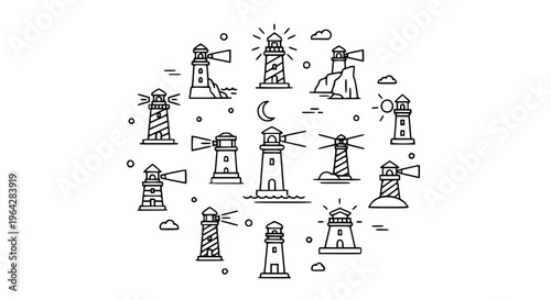 Modern lighthouse outline icons collection with coastal navigation symbols in circular layout