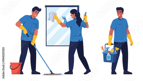 Team of Cleaners in Action: A dynamic illustration showing a team of dedicated cleaners performing essential tasks, each focused on their specific roles to ensure a pristine and inviting environment.