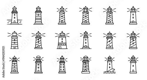 Minimal outline lighthouse icon set with coastal beacon tower symbols for web and UI design