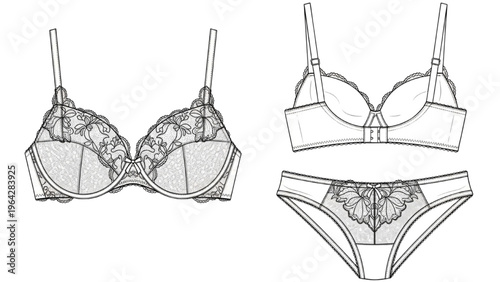 Vector CAD design style illustration of lingerie set with bra and panties