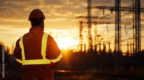 Sunset surveillance electrical worker power plant industry scene outdoor environment back view safety protocols