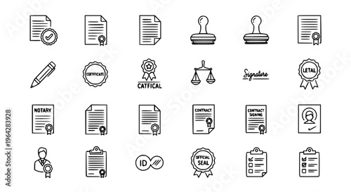 Minimal outline attestation service icon set with document verification and legal approval symbols