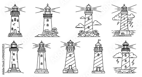 Decorative outline lighthouse icon set with detailed coastal beacon illustrations for design use