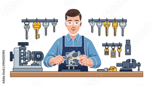 Keymaker's Craft: A skilled keymaker meticulously crafts a key, surrounded by an array of various keys and tools in workshop.