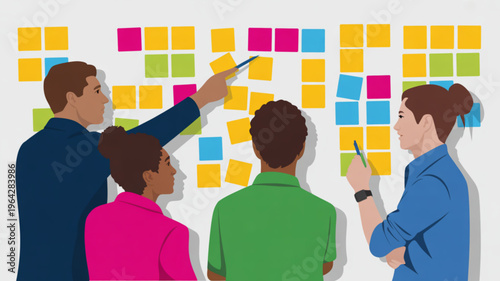 Diverse team collaborating on a project using sticky notes on a whiteboard representing brainstorming and agile methodology