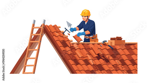 Roofer at Work: A skilled roofer is diligently laying tiles on a rooftop, symbolizing the craftsmanship and construction of a new roof. 
