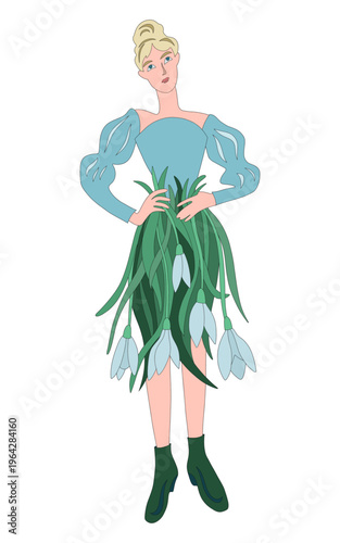 Spring. A young girl wearing a skirt made of snowdrops.