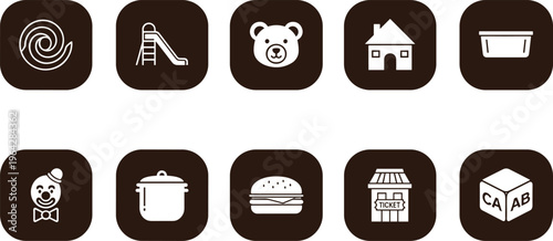 Kids and Everyday Objects Icon Set with Playground Slide, Toy Bear, House, Food, and Entertainment Symbols in Flat Design for Apps and UI