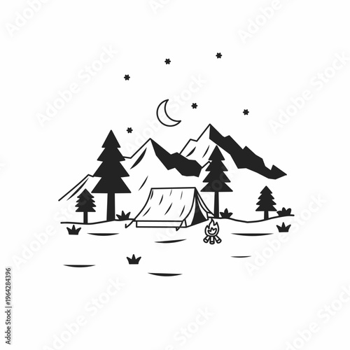 Minimalist Night Camping Illustration with Mountains, Tent, and Campfire