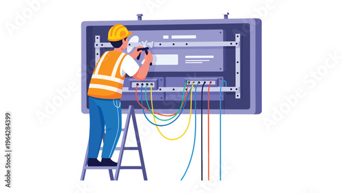 Electrician at Work: A skilled electrician, equipped with safety gear, meticulously works on an electrical panel. Illustrating precision, dedication.