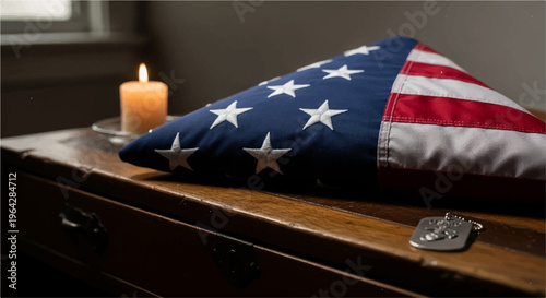 Folded american flag on a wooden casket with dog tags and candle symbolizing respect and remembrance