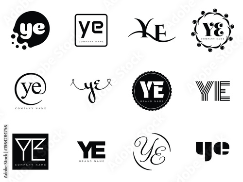 YE logo company template. Letter y and e logotype. Set different classic serif lettering and modern bold text with design elements. Initial font typography.