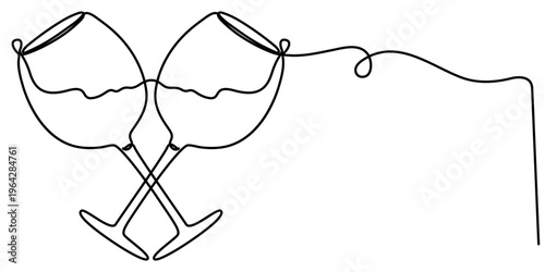 wine glass continuous one line drawing, Wine glass continuous one line drawing, Single one line art, linear style, isolated on a white background. 