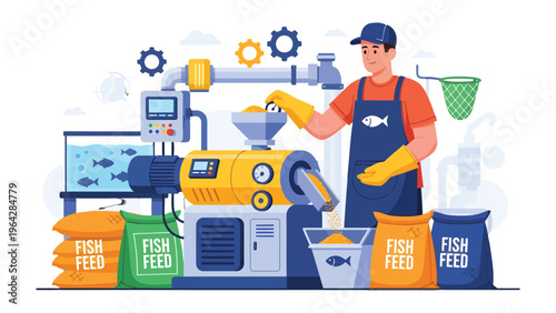 Fish Feed Production: An illustration of a worker carefully operating advanced machinery to produce high-quality fish feed, representing efficiency and innovation in aquaculture.