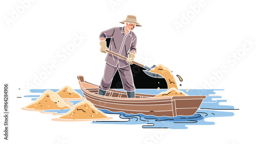 Working on Boat: A person meticulously works on a small boat, scooping and pouring materials, embodying dedication and skilled labor.
