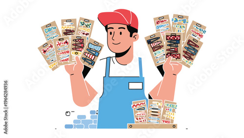 Showcase of Delights: A cheerful vendor presents an array of tempting options, showcasing an assortment of colorful products. A vibrant display that entices curiosity and the desire to discover.