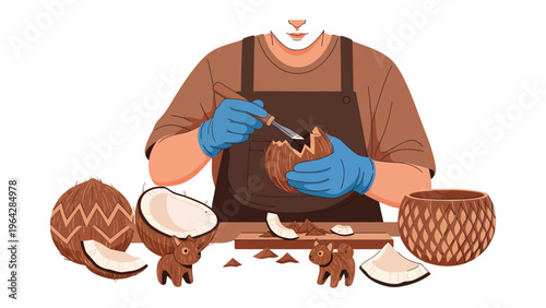 Coconut Artisan: A skilled artisan meticulously carves intricate designs into a coconut shell, showcasing the beauty of the craft.