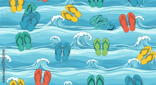 Colorful flip flops floating on ocean waves in summer vacation pattern beachy footwear in blue red green and yellow hues
