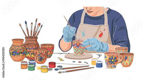 Artisan's Artistic Expression: A skilled artisan meticulously paints intricate designs onto pottery, immersed in the creative process with focus and precision.