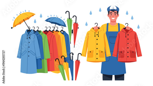 Rainy Day Wardrobe Selection: A cheerful individual proudly showcases an array of vibrant raincoats and umbrellas, presenting essential items for a wet day.