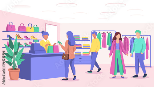 Colorful vector illustration of people shopping in a clothing store, featuring racks of clothes and accessories