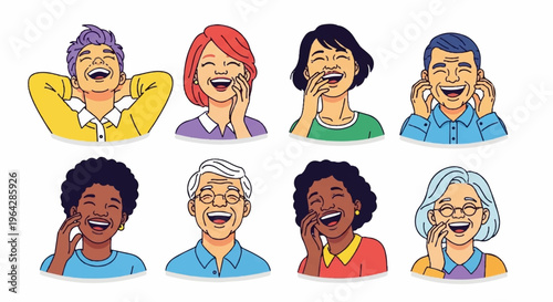 Diverse group of people laughing and talking on phones expressing joy and communication