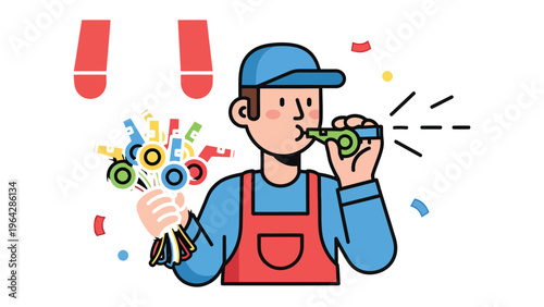 Celebrating the Moment: A cheerful individual blows a whistle with confetti around for celebration. A graphic illustration of joy and the spirit of victory.