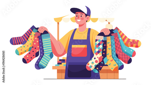 Sock Vendor with Array of Choices: A cheerful vendor displays an assortment of vibrant, patterned socks, inviting customers to explore a world of colorful choices and comfort.