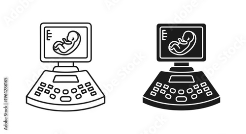 Medical ultrasound machine icons with fetus on screen, obstetric sonography equipment vector set, prenatal diagnostic imaging tools for pregnancy