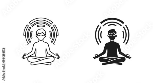 Minimalist meditation icon set, man sitting in lotus pose with halo energy waves, zen yoga practice vector illustration in outline and solid styles