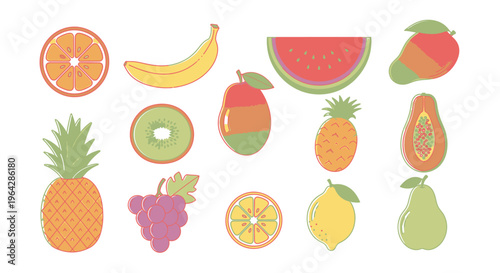 Assorted colorful fruit icons on white 1.