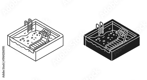 Isometric underwater treadmill in swimming pool vector, hydrotherapy exercise equipment for rehabilitation, aquatic fitness and physical therapy icons