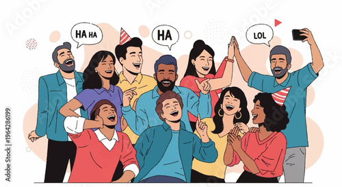 Diverse group of friends laughing and having fun together enjoying joyful moments with speech bubbles