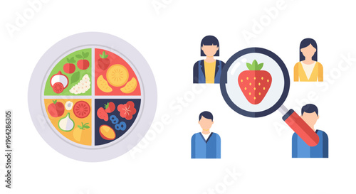 Healthy food plate and consumer research icons, flat vector illustration of balanced nutrition and market analysis for organic products