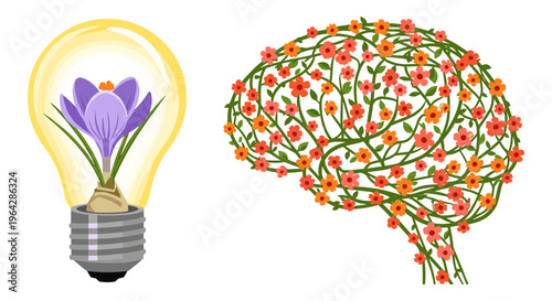 Creative mental health concept with blooming flower lightbulb and floral brain, psychological growth and inspiration vector illustration