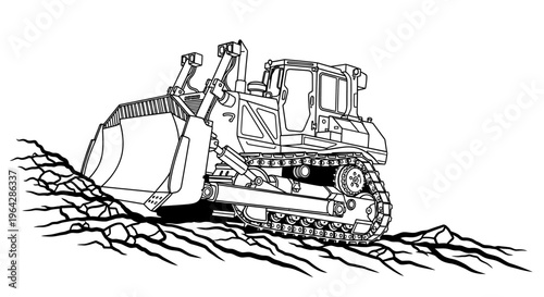 Bulldozer digging earth with blade.