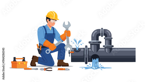 Plumber at Work: A skilled plumber addresses a leak in a water pipe, meticulously wielding a wrench amidst tools and essential equipment, ensuring the uninterrupted flow of services.