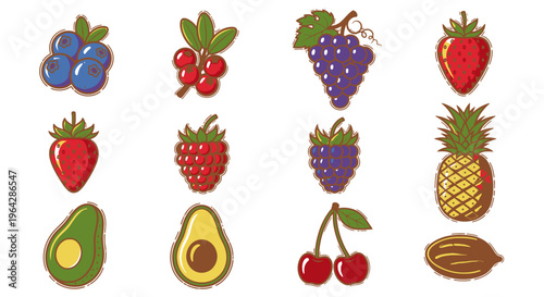 Colorful fruit icons in rows.